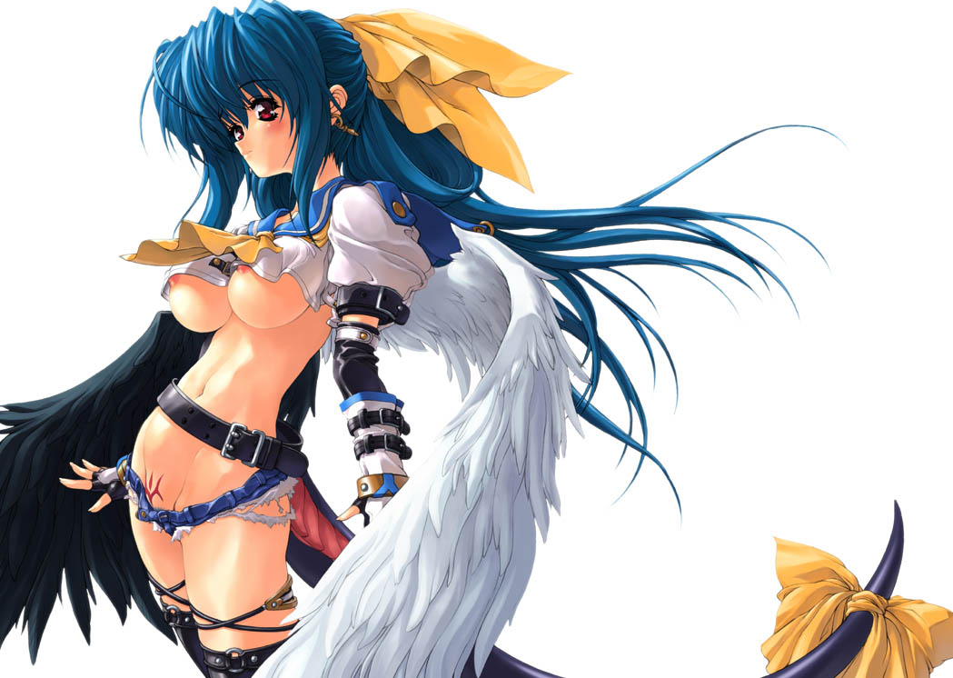 asymmetrical_wings blue_hair breasts dizzy guilty_gear large_breasts midriff miwa_yoshikazu pirate red_eyes ribbon solo tail tail_ribbon tattoo thighhighs underboob wings