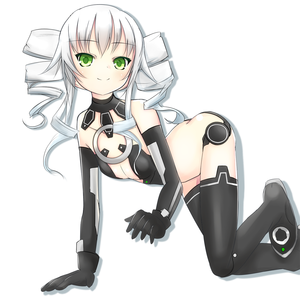 all_fours arched_back ass bad_id bad_pixiv_id bangs black_footwear black_gloves black_legwear black_sister blush boots breasts butt_crack choujigen_game_neptune_mk2 cleavage drill_hair elbow_gloves from_side gloves green_eyes kirifrog light_smile long_hair looking_at_viewer magical_girl neptune_(series) o-ring o-ring_top revealing_clothes shadow sidelocks simple_background small_breasts smile solo thigh_boots thighhighs twin_drills white_background white_hair