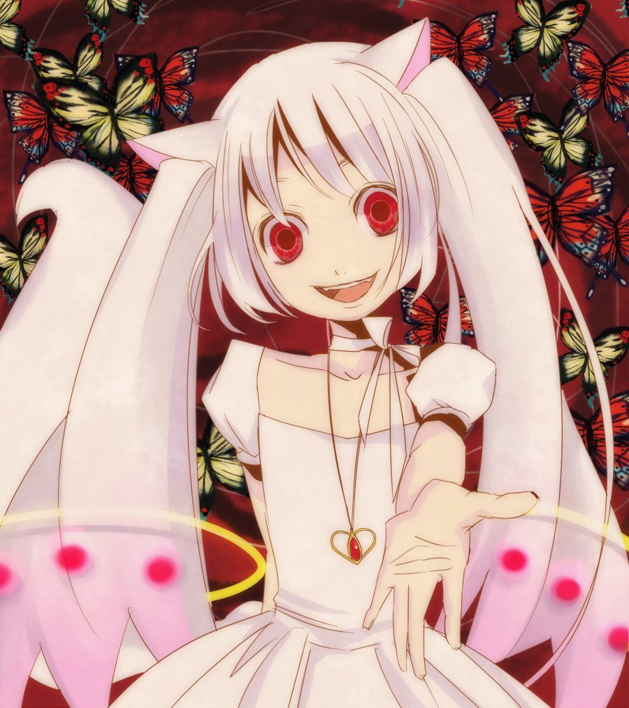 bad_id bad_pixiv_id bug butterfly collarbone crazy_eyes dress empty_eyes fangs insect jewelry kyubey long_hair mahou_shoujo_madoka_magica open_mouth outstretched_hand pendant personification red_eyes ribbon shiro_neko smile solo tareme twintails yandere