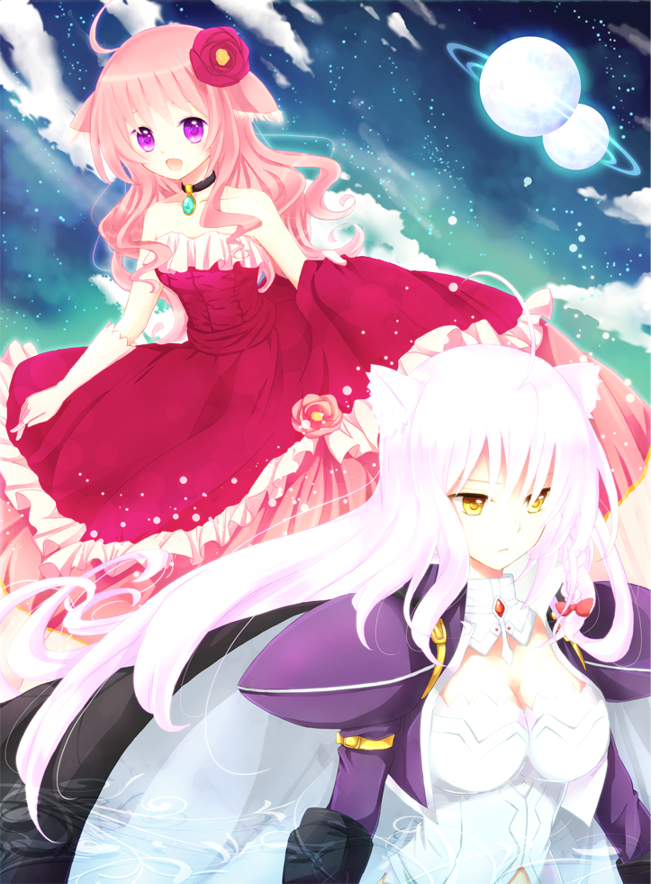 ahoge animal_ears bad_id bad_pixiv_id bare_shoulders braid breasts cape cat_ears cleavage cloud dog_days dog_ears dog_girl dress flower goma_(11zihisin) hair_flower hair_ornament leonmitchelli_galette_des_rois long_hair medium_breasts millhiore_f_biscotti multiple_girls pink_hair planet purple_eyes red_dress sky white_hair yellow_eyes
