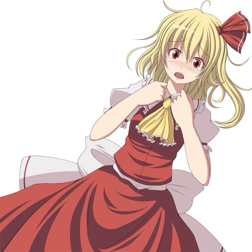 ahoge bad_id bad_pixiv_id blonde_hair blush dress fang flandre_scarlet hair_ribbon hands_on_own_chest necktie open_mouth red_eyes ribbon s-syogo side_ponytail solo tears touhou