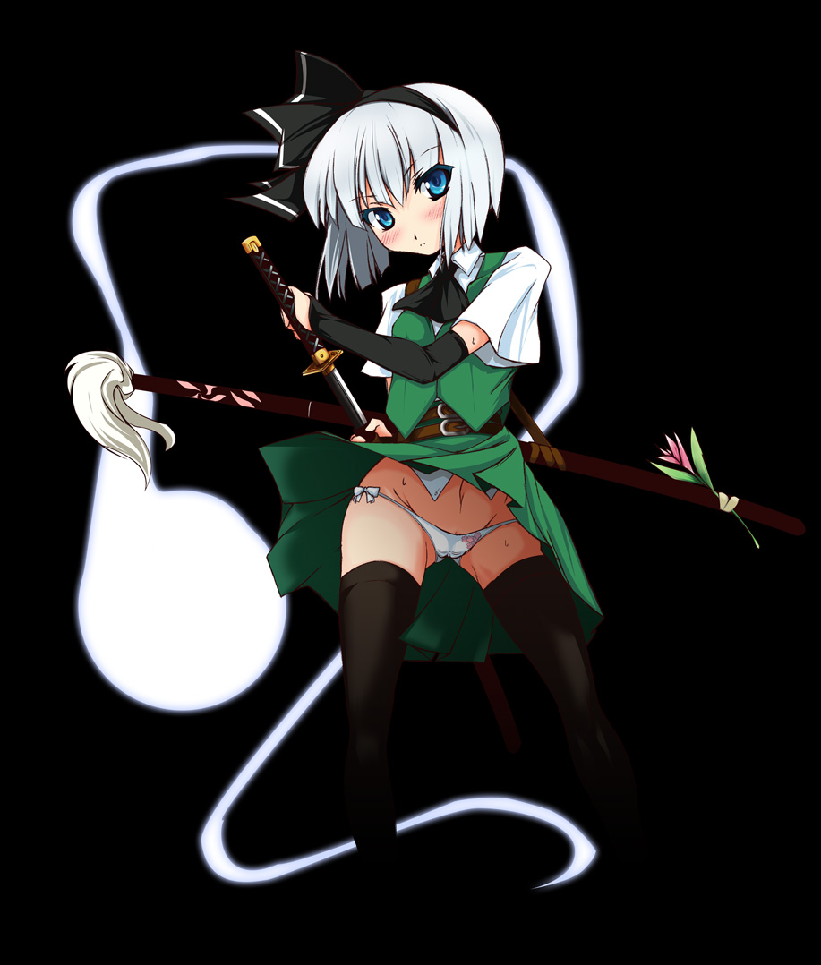 ascot belt black_hairband black_legwear blue_eyes blush bridal_gauntlets ganmo ghost groin hairband hitodama katana konpaku_youmu konpaku_youmu_(ghost) lowleg lowleg_panties panties pantyshot scabbard sheath sheathed short_hair side-tie_panties silver_hair simple_background solo sweat sword tassel thighhighs touhou underwear unsheathing upskirt vest weapon white_panties