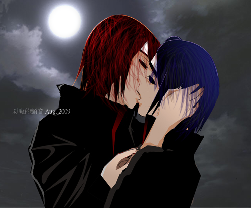 blue_hair forehead_protector kiss konan moon nagato naruto red_hair