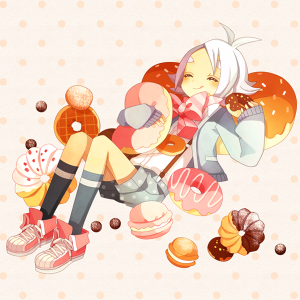 32_(mayama) ahoge angel_french bad_id bad_pixiv_id candy closed_eyes cookie doughnut eating food french_cruller fubuki_shirou inazuma_eleven inazuma_eleven_(series) jacket kneehighs macaron male_focus shirt shoes smile sneakers solo suspenders white_hair