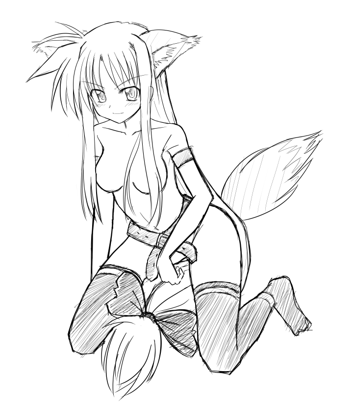 animal_ears fate_testarossa greyscale long_hair low-tied_long_hair lyrical_nanoha mahou_shoujo_lyrical_nanoha monochrome mugityax sketch solo thighhighs topless very_long_hair