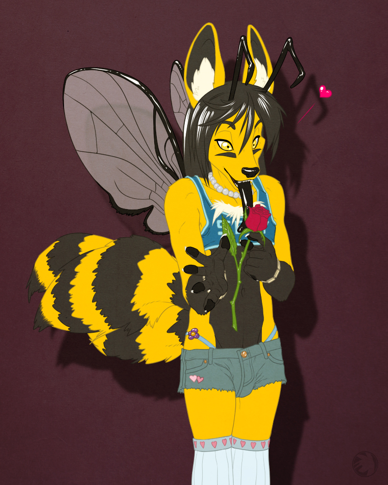 &hearts; &lt;3 arthropod bee canine flower fox fur girly hybrid insect licking male mammal multiple_tails necklace rose sneakerfox solo tail tongue wings yellow yellow_fur