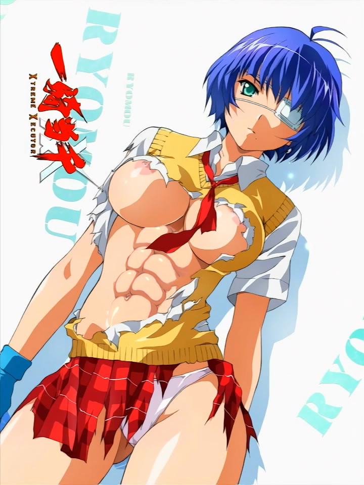 abs big_breasts bursting_breasts eye_patch eyepatch ikkitousen large_breasts muscle muscular photo_shopped photoshop ripped_shirt ryomou_shimei torn_clothes