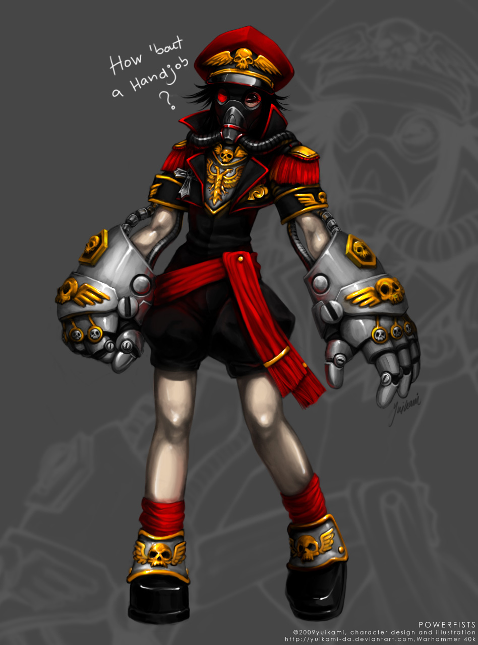 commissar gas_mask hat highres medal military military_uniform power_fist solo uniform warhammer_40k weapon yuikami