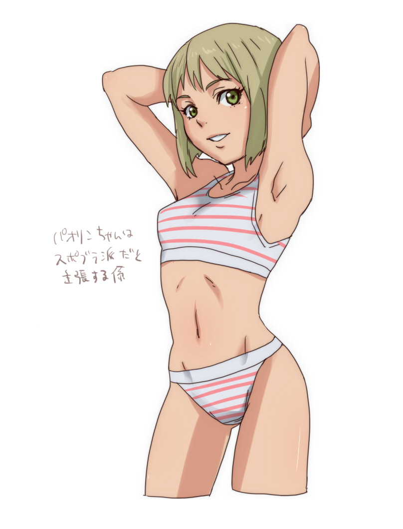@@@ armpits arms_behind_head bad_id bad_pixiv_id blonde_hair green_eyes huang_baoling midriff navel panties short_hair simple_background solo sports_bra striped striped_panties tiger_&amp;_bunny translation_request underwear underwear_only white_background