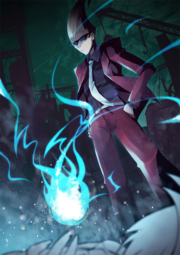 black_shirt blonde_hair blue_fire crane fire formal from_below ghost_trick hand_in_pocket hands_in_pockets hinot lynne male_focus necktie night outdoors pants red_pants red_suit shirt sissel solo soul standing suit sunglasses white_neckwear