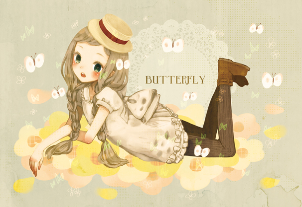 bad_id bad_pixiv_id boots bow braid brown_hair bug butterfly hair_over_shoulder hat insect legs_up long_hair lying mizutamako on_stomach original pantyhose solo striped striped_legwear twin_braids vertical-striped_legwear vertical_stripes