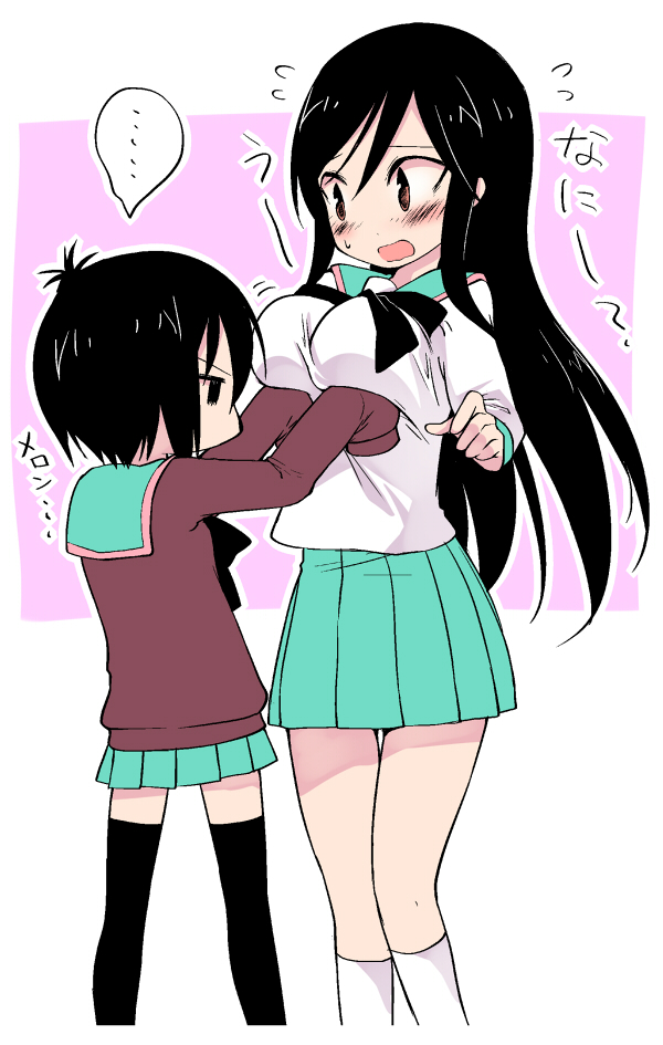 a_channel bad_id bad_pixiv_id black_hair blush breast_lift breasts brown_eyes height_difference ichii_tooru kneehighs large_breasts long_hair momoyama_nozomu multiple_girls nishi_yuuko open_mouth school_uniform short_hair skirt sleeves_past_fingers sleeves_past_wrists sweater thighhighs translated wavy_mouth zettai_ryouiki