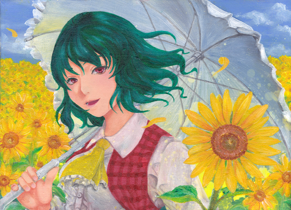 ascot bad_id bad_pixiv_id colored_eyelashes deepviolet field floating_hair flower flower_field green_hair kazami_yuuka oil_painting_(medium) open_mouth parasol petals red_eyes short_hair solo sunflower touhou umbrella wind