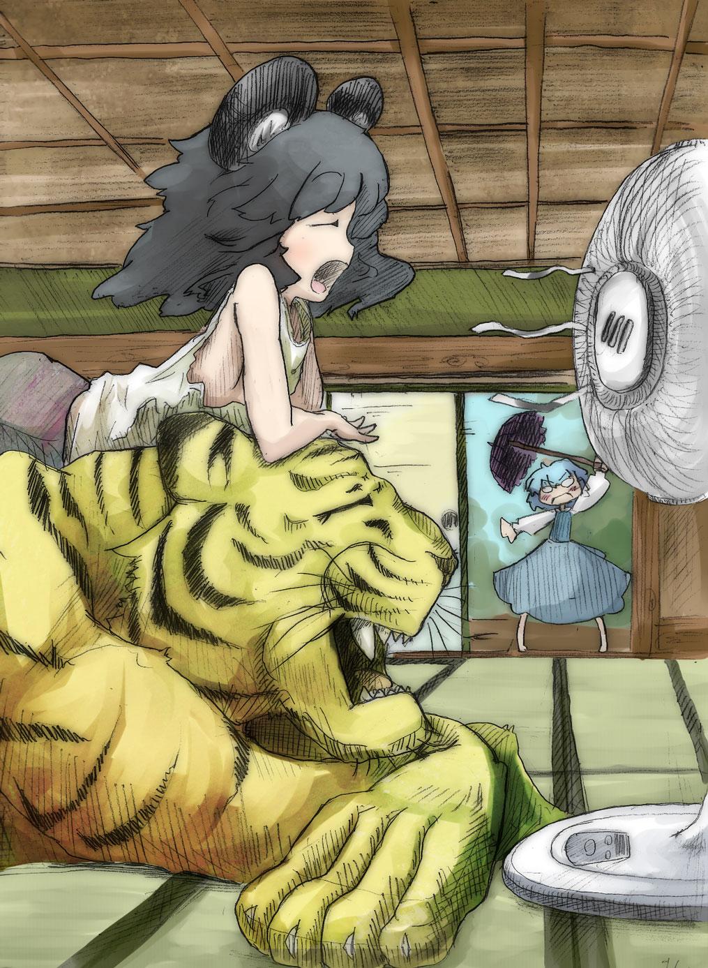 angry animal_ears bare_shoulders blue_hair blush camisole chibi closed_eyes daruia_(sabitare) dress electric_fan fanning_face grey_hair highres lying mouse_ears multiple_girls nazrin on_stomach open_mouth shirt short_hair sleeveless sleeveless_shirt tatami tatara_kogasa tiger toramaru_shou toramaru_shou_(tiger) touhou umbrella