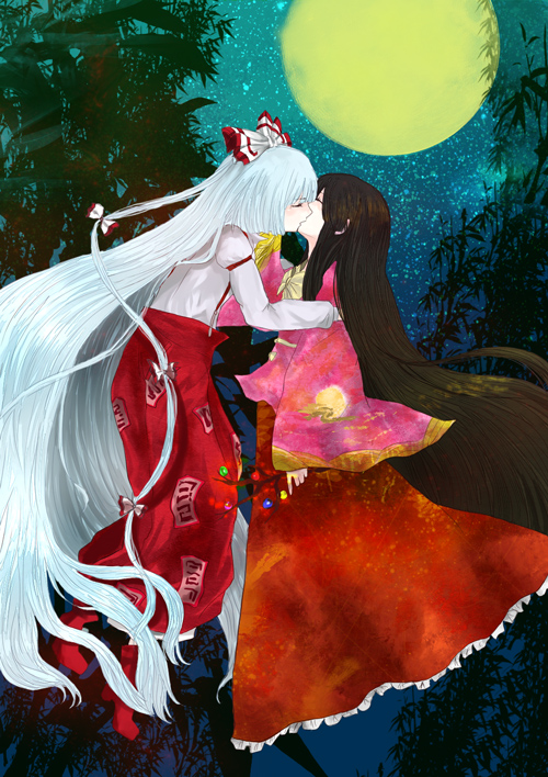 chiri_(o9o9) fujiwara_no_mokou houraisan_kaguya kiss moon multiple_girls touhou yuri