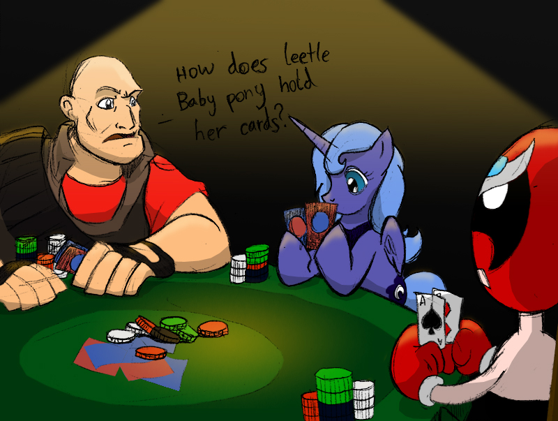alicorn crossover crown cutie_mark equine female feral friendship_is_magic group hair heavy heavy_(team_fortress_2) homestar_runner horn horns horse human male mammal mask my_little_pony poker poker_chips poker_night_at_the_inventory poker_table pony princess_luna_(mlp) strong_bad strong_bad_(homestar_runner) table team_fortress_2 unknown_artist white_hair winged_unicorn wings
