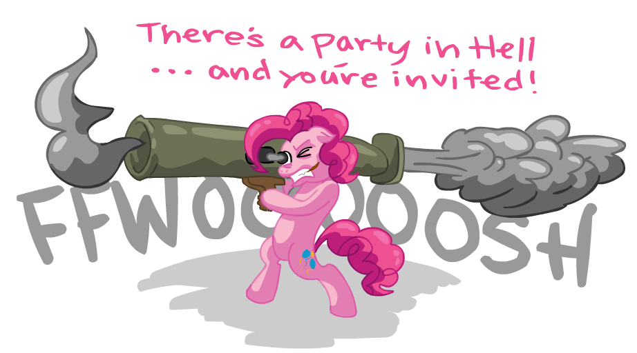 anarchainbedlam bazooka english_text equine female friendship_is_magic fur horse mammal my_little_pony pink_fur pinkie_pie_(mlp) plain_background pony ranged_weapon rocket_launcher smoke text weapon white_background