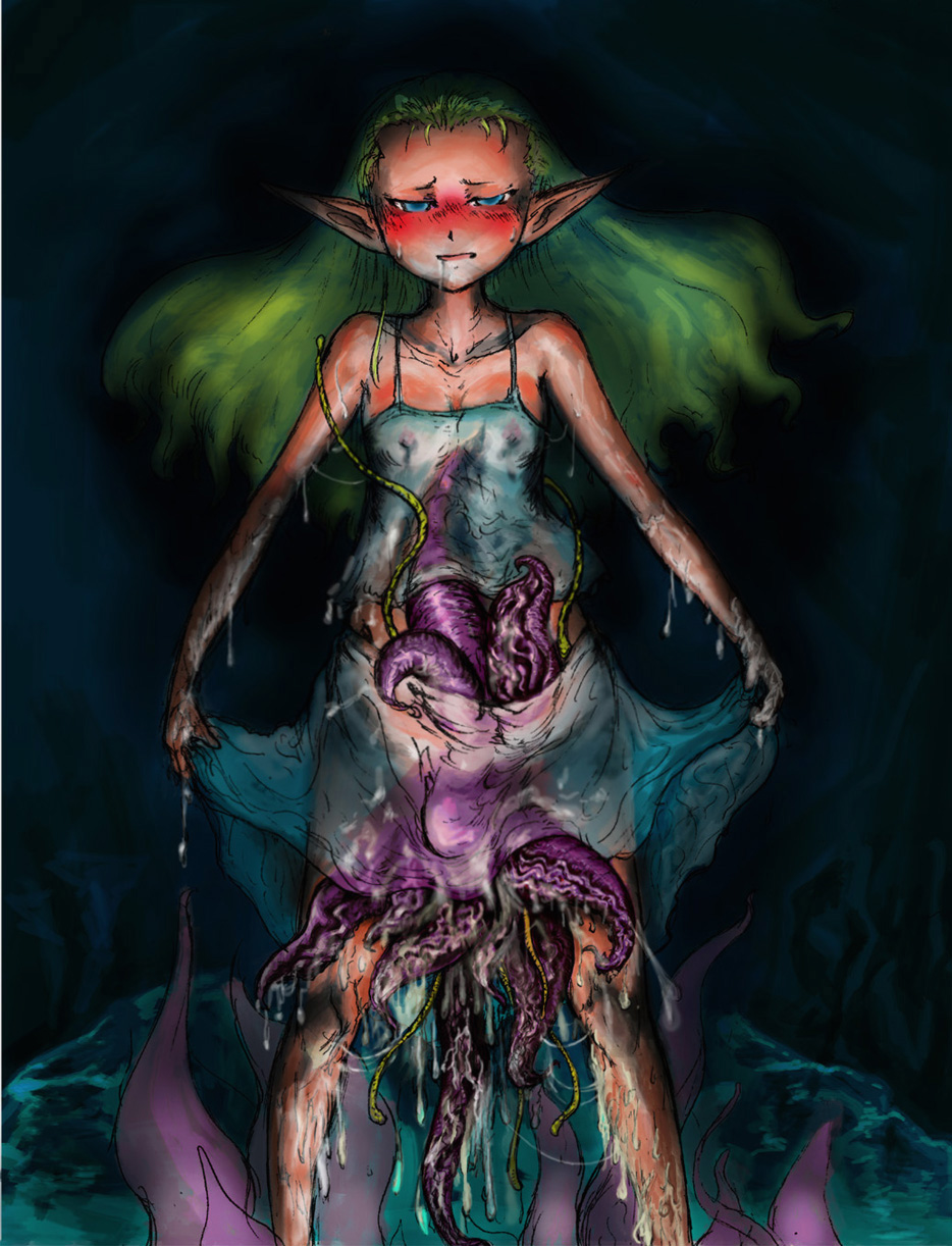 blue_eyes blush creature_inside elf green_hair parasite pointed_ears raep saliva skirt_lift tentacle tentacles tentacles_under_clothes transparent_clothing wet