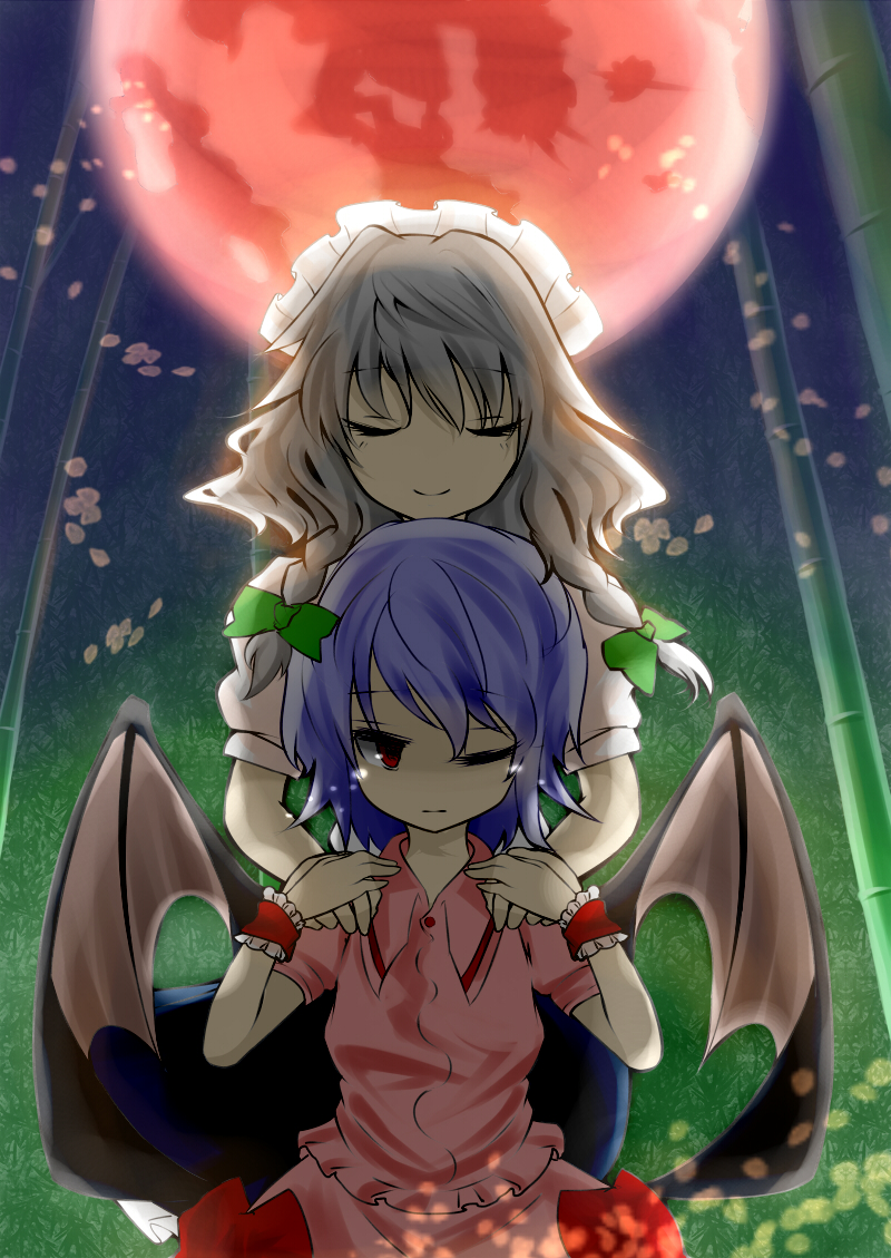 bamboo bat_wings blue_hair closed_eyes full_moon hands_on_shoulders izayoi_sakuya maid maid_headdress moon multiple_girls one_eye_closed red_eyes red_moon remilia_scarlet silver_hair touhou wings wrist_cuffs