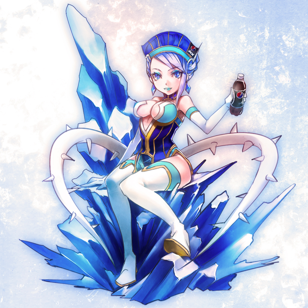 bare_shoulders blue_eyes blue_hair blue_rose_(tiger_&amp;_bunny) boots breasts cleavage crystal_earrings earrings elbow_gloves gloves hat ice jewelry karina_lyle large_breasts lipstick makeup one_eye_closed pepsi_nex product_placement short_hair solo tamachi_kuwa thigh_boots thighhighs tiger_&amp;_bunny