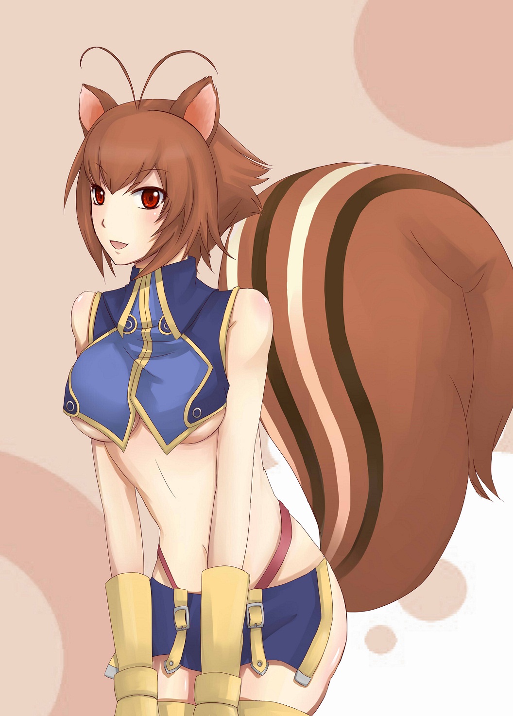 alternate_color animal_ears antenna_hair bad_id bad_pixiv_id blazblue breasts brown_hair gloves highres large_breasts makoto_nanaya navel qitoli revealing_clothes short_hair solo squirrel_ears squirrel_tail tail thighhighs underboob yellow_eyes