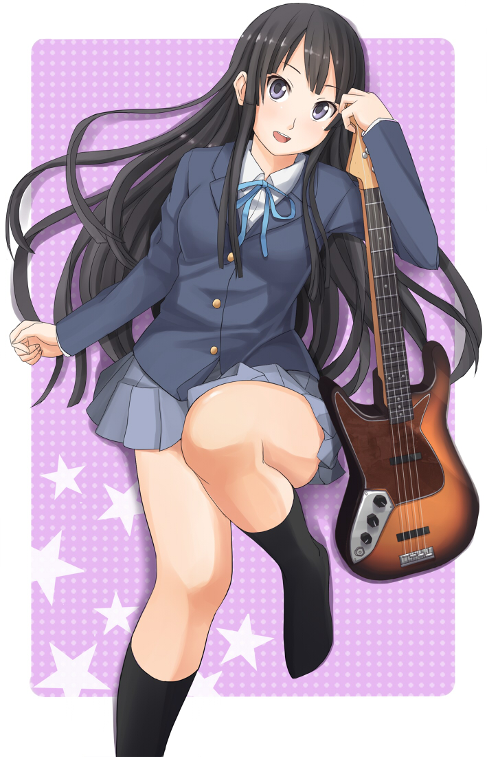 akiyama_mio black_hair blue_eyes guitar instrument k-on! long_hair pinkwaters school_uniform skirt smile solo