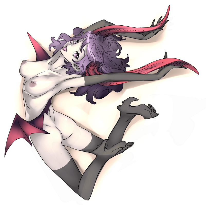 arched_back ass bat_wings breasts demon_girl full_body horns large_breasts nipples nishieda nude open_mouth original purple_eyes purple_hair simple_background solo thighhighs twisted_torso wings