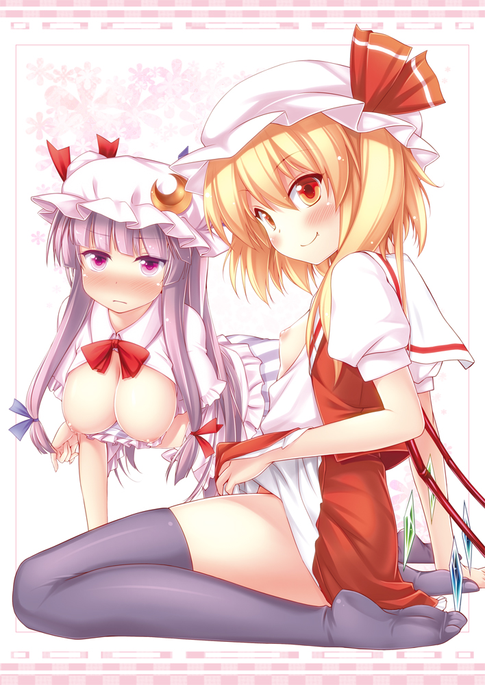 black_legwear blonde_hair blush breasts crescent fang feet flandre_scarlet flat_chest hanging_breasts hat large_breasts legs long_hair multiple_girls nipples nullken open_clothes open_shirt patchouli_knowledge purple_eyes purple_hair red_eyes shirt short_hair side_ponytail sitting skirt skirt_lift smile thighhighs touhou wariza wings