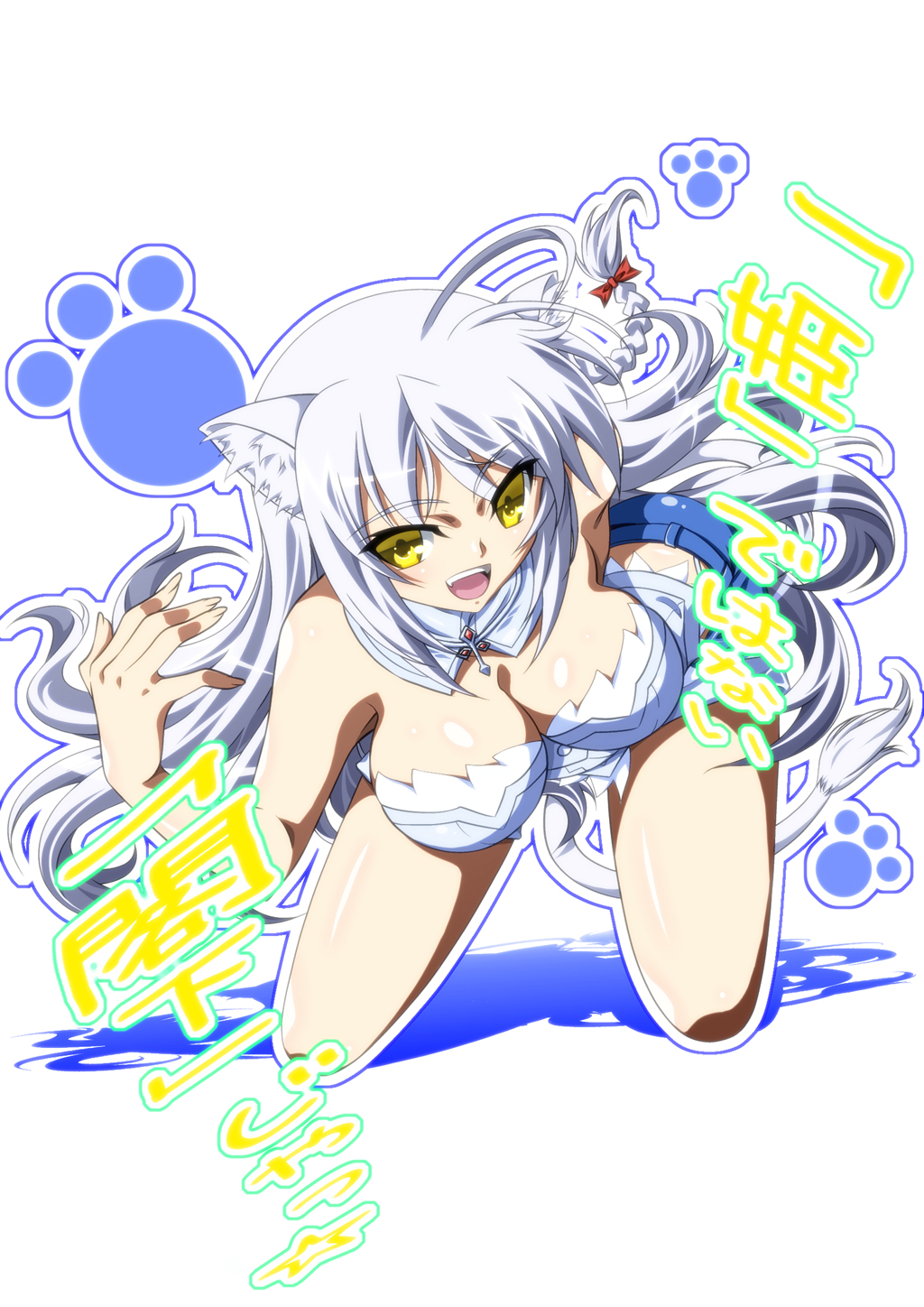 ahoge animal_ears braid breasts bustier cat_ears cat_tail cleavage dog_days highres ka2 kneeling large_breasts leonmitchelli_galette_des_rois lingerie open_mouth solo tail underwear white_hair yellow_eyes