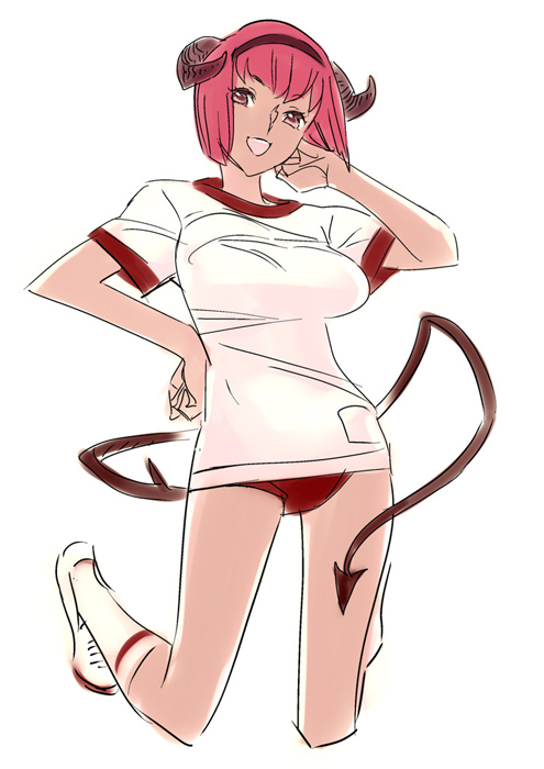 buruma demon_horns demon_tail full_body gym_uniform hairband hand_on_hip hand_on_own_face horns looking_at_viewer nishieda open_mouth original red_eyes red_hair short_hair short_sleeves simple_background sketch solo tail tan white_background