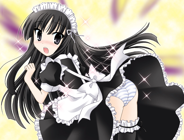 akiyama_mio ass black_eyes black_hair blush k-on! maid nekoma_kotomitsu panties solo striped striped_panties surprised thighhighs underwear