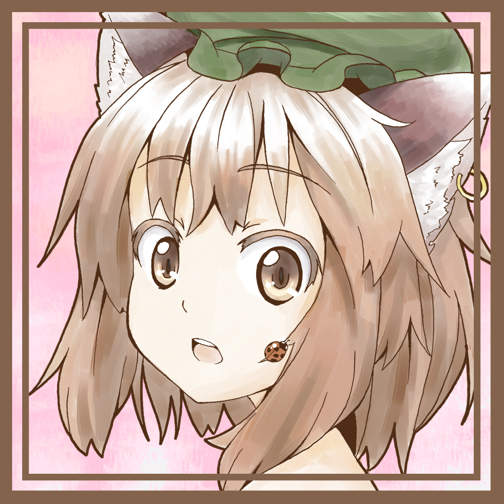 animal_ears border brown_eyes brown_hair bug cat_ears chen close-up colored_eyelashes earrings face hat insect jewelry kuro_oolong ladybug open_mouth short_hair solo staring touhou wide-eyed
