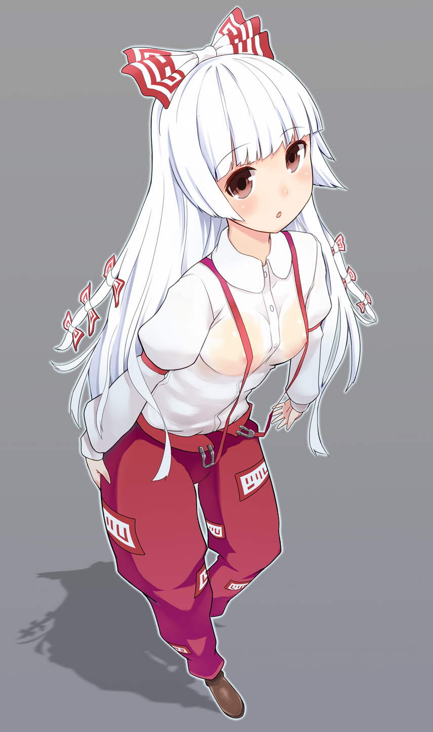 alcohol_(coldfront) bad_id bad_pixiv_id blush bow breasts culottes fujiwara_no_mokou hair_bow highres leaning_forward long_hair medium_breasts nipples no_bra pants red_eyes see-through shadow shirt simple_background solo suspenders touhou very_long_hair wet wet_clothes wet_shirt white_hair