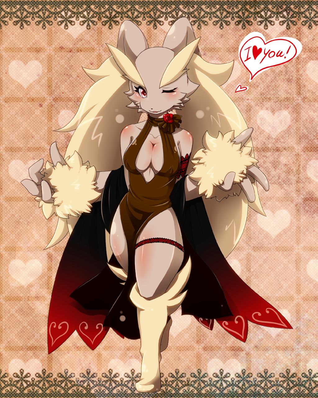 &hearts; anthro breasts cleavage cloak clothed clothing ehime_mikan ehimemikan english_text female flower fluffy garter lagomorph long_ears lopunny mammal nintendo one_eye_closed pok&#233;mon pok&#233;morph pok&eacute;mon rabbit red_eyes rose solo standing text video_games wink