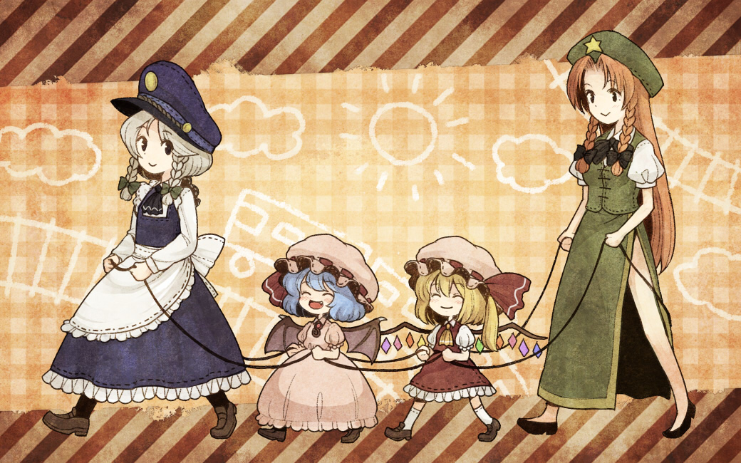 :d ^_^ blush bow braid child closed_eyes dress fang flandre_scarlet hair_bow happy hong_meiling izayoi_sakuya multiple_girls open_mouth remilia_scarlet revision rope_train siblings sisters smile touhou urin wings