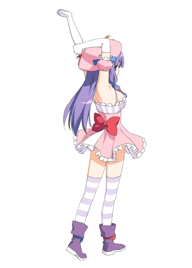 alternate_costume bad_id bad_pixiv_id boots full_body magical_girl patchouli_knowledge peko purple_footwear simple_background solo stretch striped striped_legwear thighhighs touhou