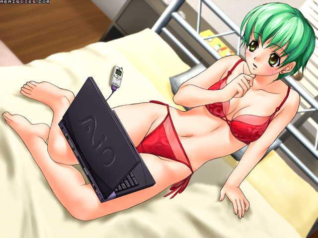 bed bikini green_hair houkago_ren-ai_club laptop mizugi tagme