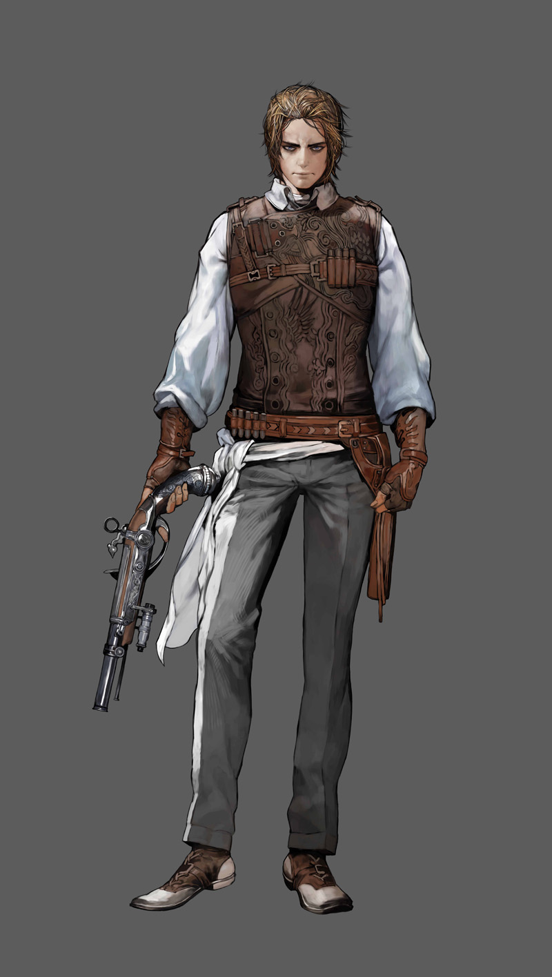 albus belt blonde_hair boy brown_hair castlevania castlevania:_order_of_ecclesia fingerless_gloves gloves grim gun highres history holster human long_sleeves male male_focus man pants puffy_sleeves simple_background steampunk stylish vest weapon white_skin