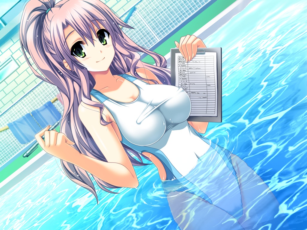 akaza henshin_3 long_hair notebook pen pool purple_hair school_swimsuit swimsuit water white_school_swimsuit white_swimsuit