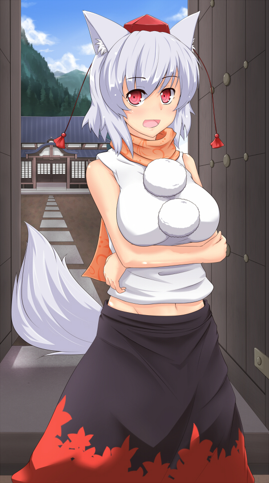 animal_ears bare_shoulders breast_hold breasts crossed_arms groin hat inubashiri_momiji large_breasts md5_mismatch midriff navel nogisaka_kushio red_eyes scarf silver_hair skirt solo standing tail tokin_hat touhou white_hair wolf_ears wolf_tail