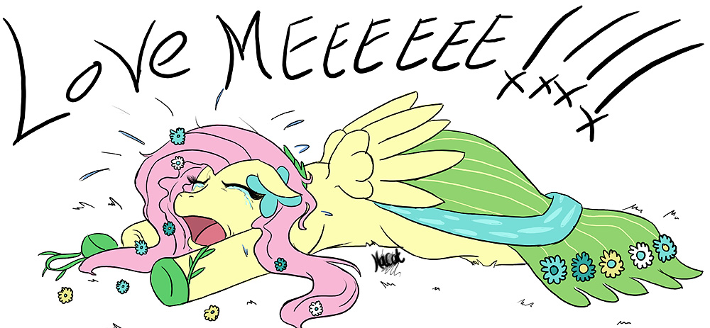 english_text equine eyes_closed female feral fluttershy_(mlp) friendship_is_magic fur hacat hair horse long_hair mammal my_little_pony open_mouth pegasus pink_hair pony solo text wings yellow_fur