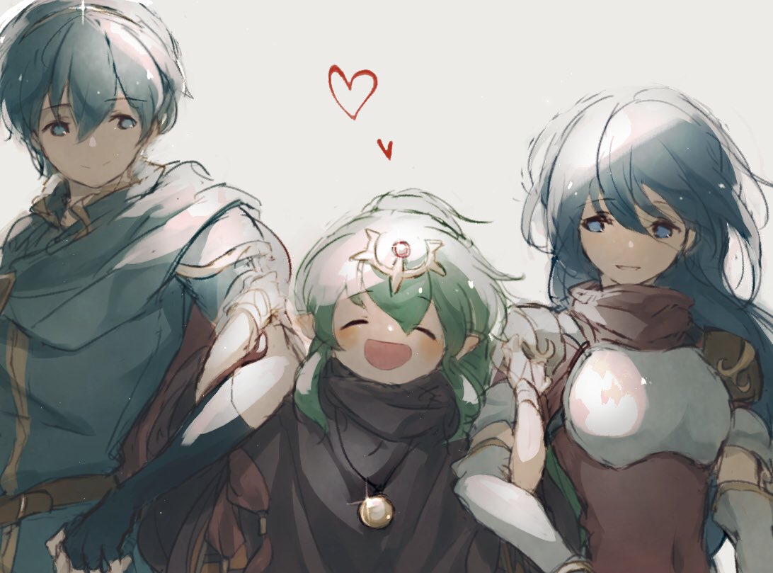 2girls belt blue_eyes blue_hair breastplate chiki cloak closed_eyes closed_mouth commentary_request fingerless_gloves fire_emblem fire_emblem:_monshou_no_nazo fire_emblem_heroes gloves green_hair heart long_hair mamkute marth menou_setta multiple_girls open_mouth parted_lips ponytail sheeda short_hair short_sleeves simple_background smile stone tiara