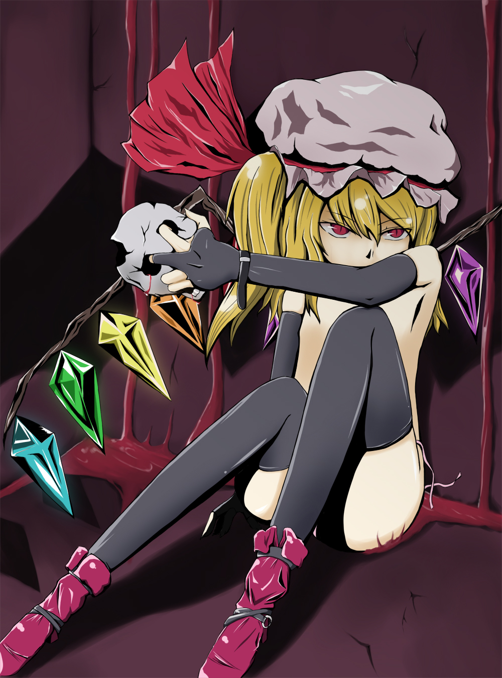 bad_id bad_pixiv_id blonde_hair blood flandre_scarlet hat highres ironote nude ribbon short_hair skull socks solo thighhighs touhou wings