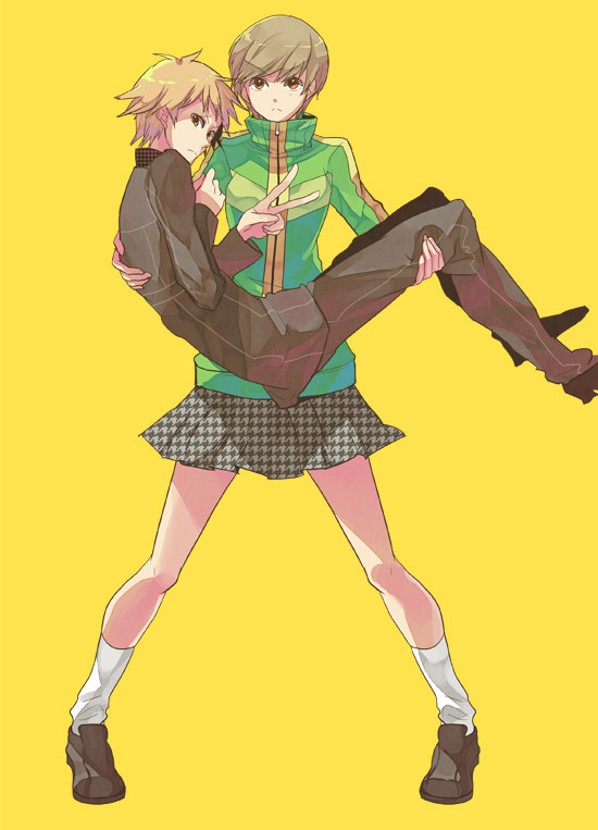 1girl brown_eyes brown_hair carrying hanamura_yousuke ishiwari persona persona_4 princess_carry satonaka_chie school_uniform short_hair skirt