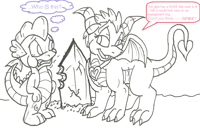 crossover dragon duclis ember english_text female feral friendship_is_magic gem male monochrome my_little_pony plain_background scalie spike_(mlp) spyro_the_dragon text the_legend_of_spyro video_games white_background