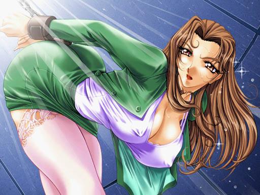 arms_behind_back bdsm bondage bound breasts brown_hair chains cuffs female ingoku_no_gakuen large_breasts solo