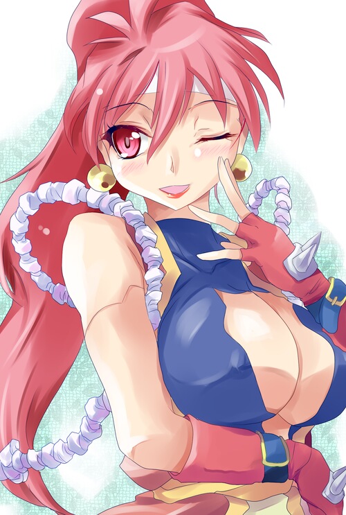 ahoge akudama_geku bloodberry breasts center_opening cleavage earrings fingerless_gloves gloves headband jewelry large_breasts long_hair one_eye_closed ponytail red_eyes red_hair saber_marionette_j smile solo spikes