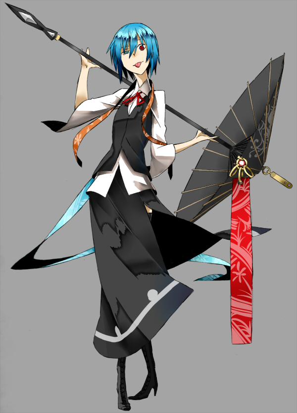 alternate_costume bad_id bad_pixiv_id blue_eyes blue_hair boots bow contemporary cosplay full_body grey_background heterochromia high_heels karori_(c-side) older oriental_umbrella over_shoulder red_eyes rumia rumia_(cosplay) shoes short_hair simple_background skirt solo tatara_kogasa thighhighs tongue tongue_out touhou umbrella uneven_eyes
