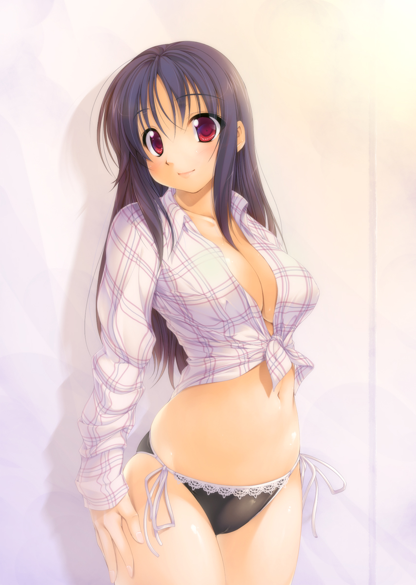 cleavage erect_nipples ishii_akira no_bra pantsu red_eyes string_panties