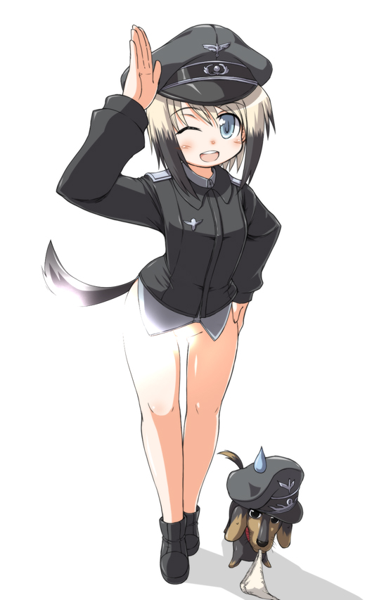 blonde_hair blue_eyes bottomless dog erica_hartmann hat multicolored_hair naitou_kouse one_eye_closed panties short_hair solo strike_witches sweatdrop tail two-tone_hair underwear world_witches_series
